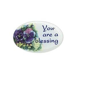 Vintage Porcelain Brooch You Are A Blessing White Purple Green Flowers Estate